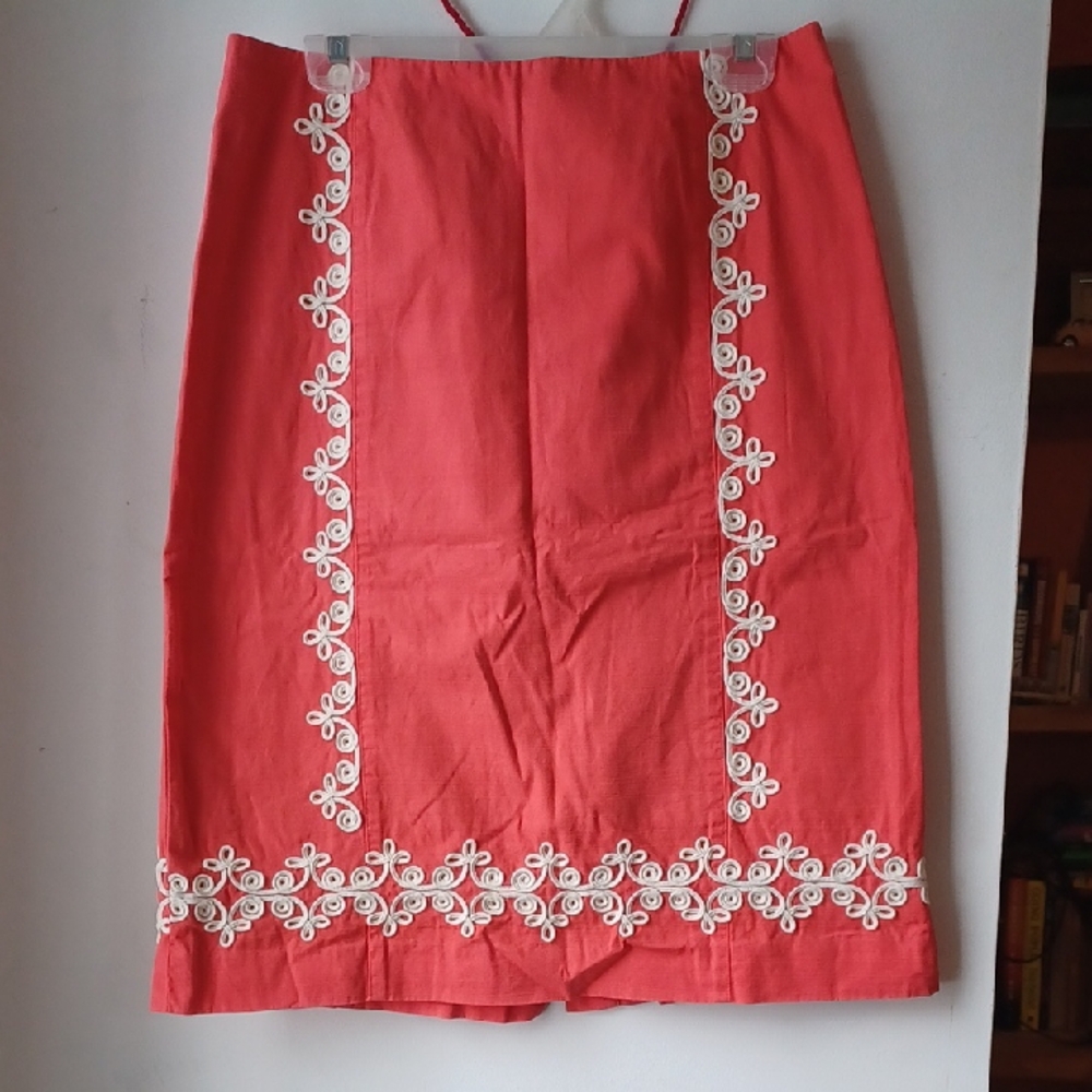 Boden Coral Pencil Skirt with White Embroidery US 8L